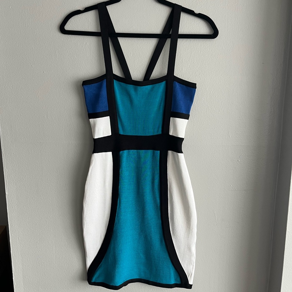 bebe Y2K Vintage Colorblock Bodycon Bandage Mini Dress with Black Trim